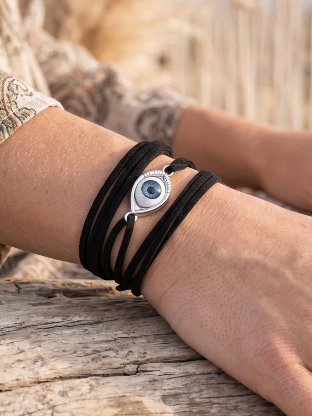Tie Wrap Evil Eye Protection Silver Bracelet Cuff Yoga Boho Cord Bohemian Gift - Picture 3 of 11